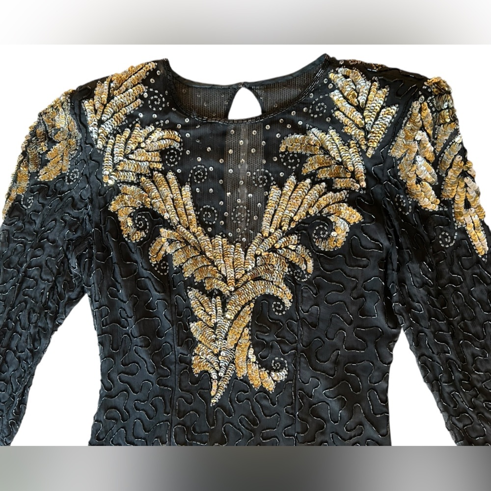 Vintage 80s Laurence Kazar Cocktail Party Black Gold Sequined Beaded Silk Dress - Picture 5 of 7